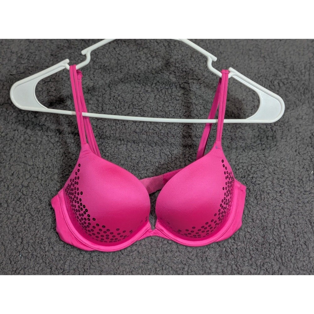 Victoria Secret Push Up Bra 34C Pink Sequin Underwire Padded Sexy
